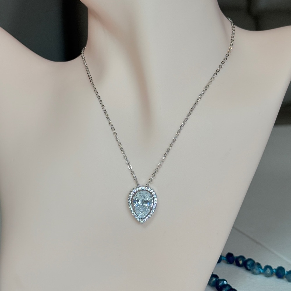 Silver Teardrop Cubic Zirconia Pendant Necklace